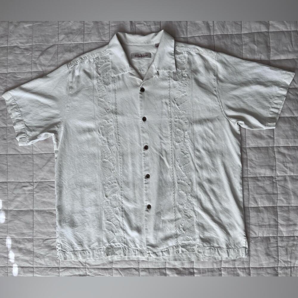 Tommy Bahama 100% Silk Cream Palm Embroidered Button Down Shirt Resortwear - XL
